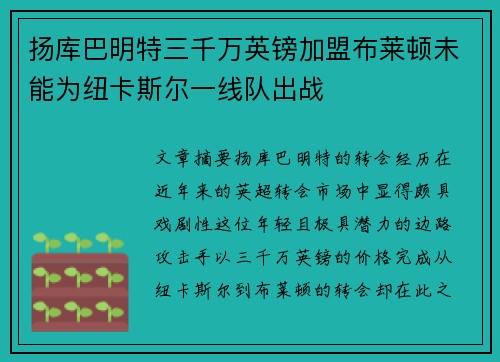 扬库巴明特三千万英镑加盟布莱顿未能为纽卡斯尔一线队出战 扬库巴明特三千万英镑加盟布莱顿未能为纽卡斯尔一线队出战